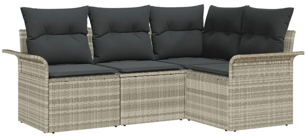 4 Részes Kerti Kanapé Szett Párnákkal Világosszürke Poly Rattan, 2 személyes Kerti Kanapé Tárolóval és Párnákkal Világosszürke Poly Rattan