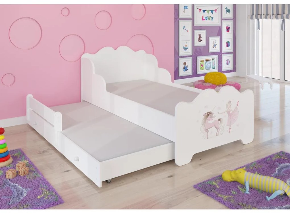 Kétszemélyes ágy XIMENA II BALLERINA WITH UNICORN 160x80 matracokkal, Fehér