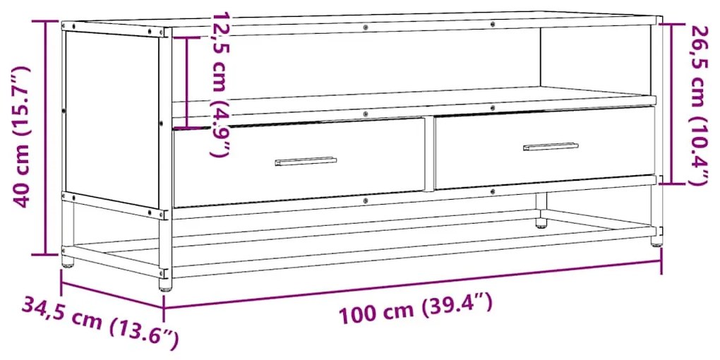 füstös tölgy színű szerelt fa és fém TV-szekrény 100x34,5x40 cm