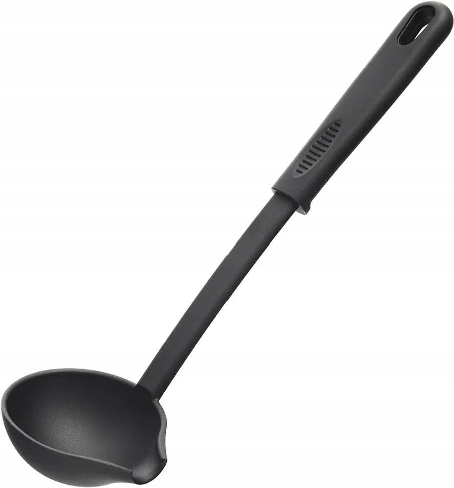 Fekete konyhai merőkanál a pörköltleves felviteléhez
