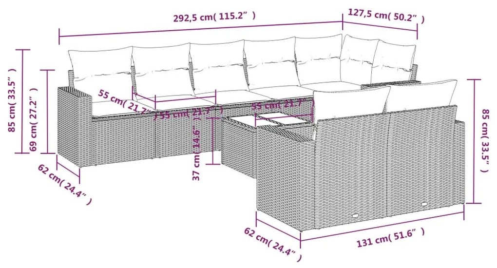 9 részes fekete polyrattan kerti ülőgarnitúra párnákkal