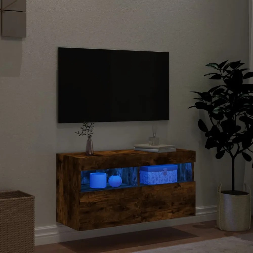 füstös tölgy színű fali TV-szekrény LED-ekkel 80x30x40 cm