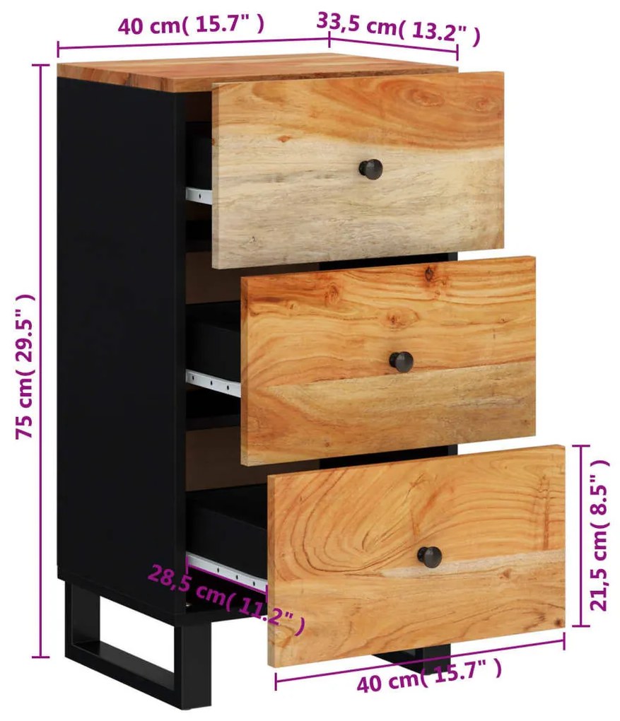 tömör akácfa tálalószekrény 3 fiókkal 40x33,5x75 cm