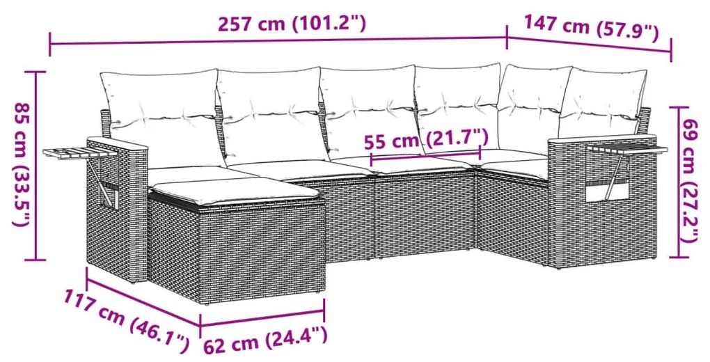 6 részes fekete polyrattan kerti ülőgarnitúra párnákkal