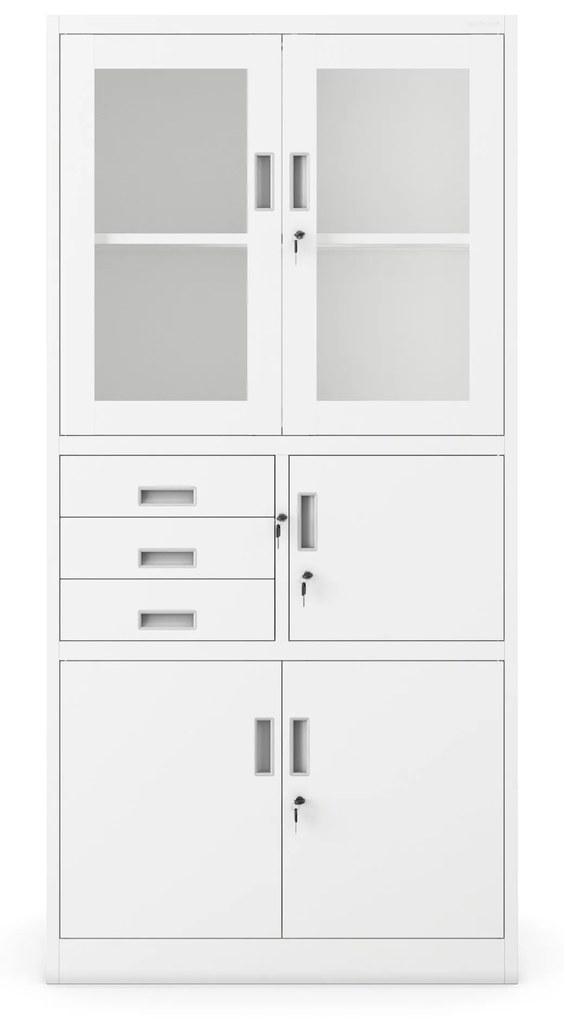 Fém iratszekrény széffel, vitrinnel és fiókokkal FILIP, 900 x 1850 x 400 mm, fehér