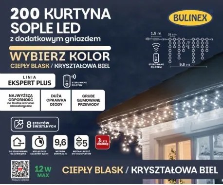 Jégcsapfüggöny 200 LED-es kültéri, kiegészítő aljzattal, 9,6m, fehér/meleg fehér