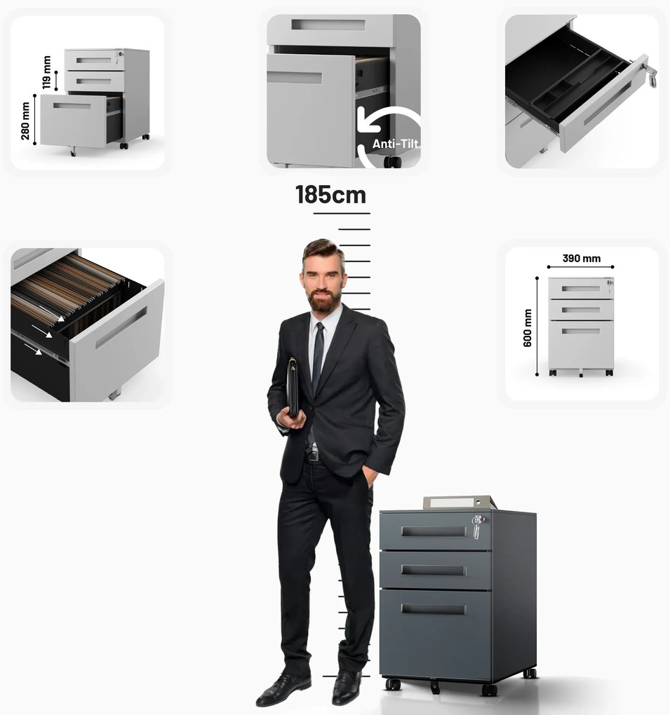 KATE görgős konténer íróasztal alá – 390 x 600 x 500 mm, antracit színű