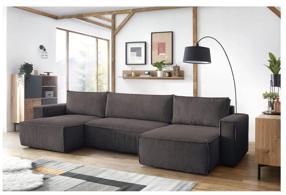 Szürkésbarna kordbársony kinyitható (U alakú) sarokkanapé Nihad – Bobochic Paris
