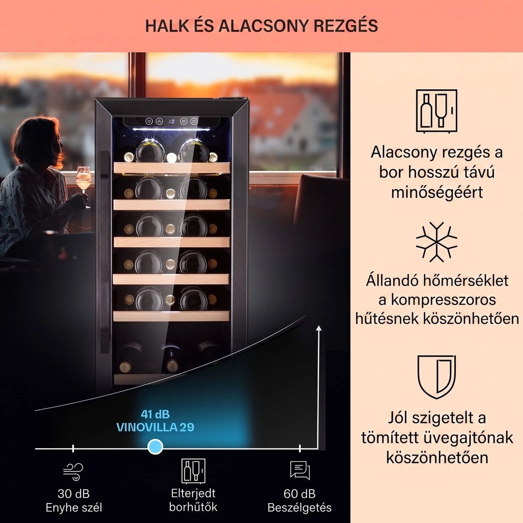 Klarstein Vinovilla 29 Built-In, beépíthető borhűtő, 81 liter, 29 palack, 1 zóna, üvegajtó, rozsdamentes acél