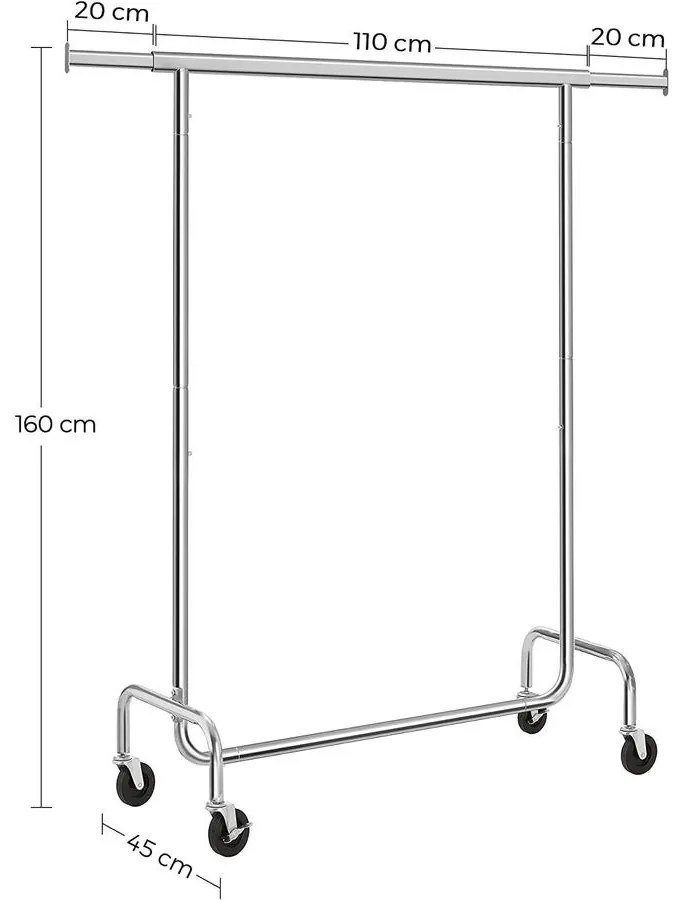 Nagy teherbírású fém ruhatartó, max terhelhetőség 130 kg, ruhaállvány kerekeken, hossza 110-150 cm