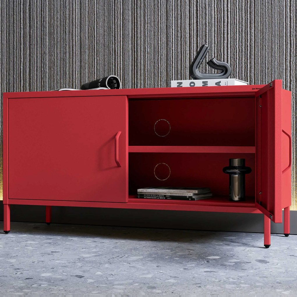 Fém TV-szekrény lábakkal, piros, 1150x595x400 mm: ROSA Modern
