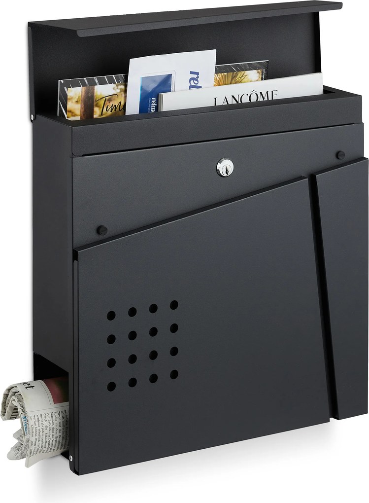 Postaláda újságtartó rekesszel 37 x 37 x 11 cm Fekete Relaxdays