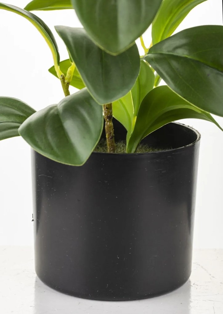 Fekete cserepes zöld babérmeggy műnővény élethű művirág levelekkel 42x25x15cm