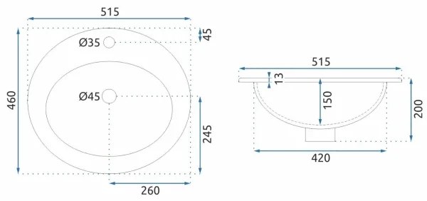 REA-U4122 - Beépíthető mosdó DALIA 46x51,5 cm kerámia/fényes fehér