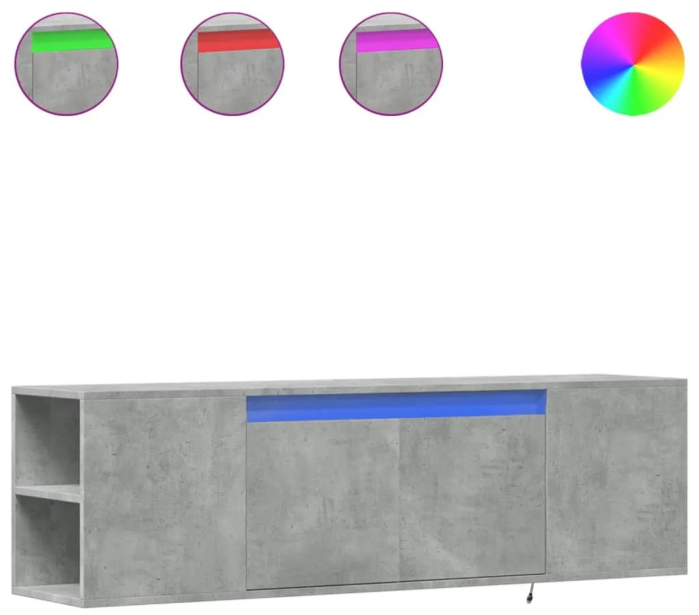 betonszürke falra szerelhető TV-szekrény LED-del 135x31x39,5 cm