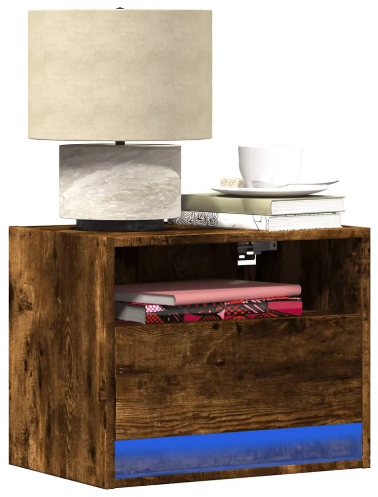 2 db sonoma tölgy színű fali éjjeliszekrény LED-világítással