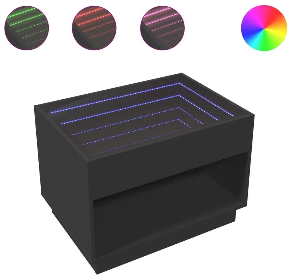 Fekete végtelen hatású LED-es dohányzóasztal 70 x 50 x 50 cm