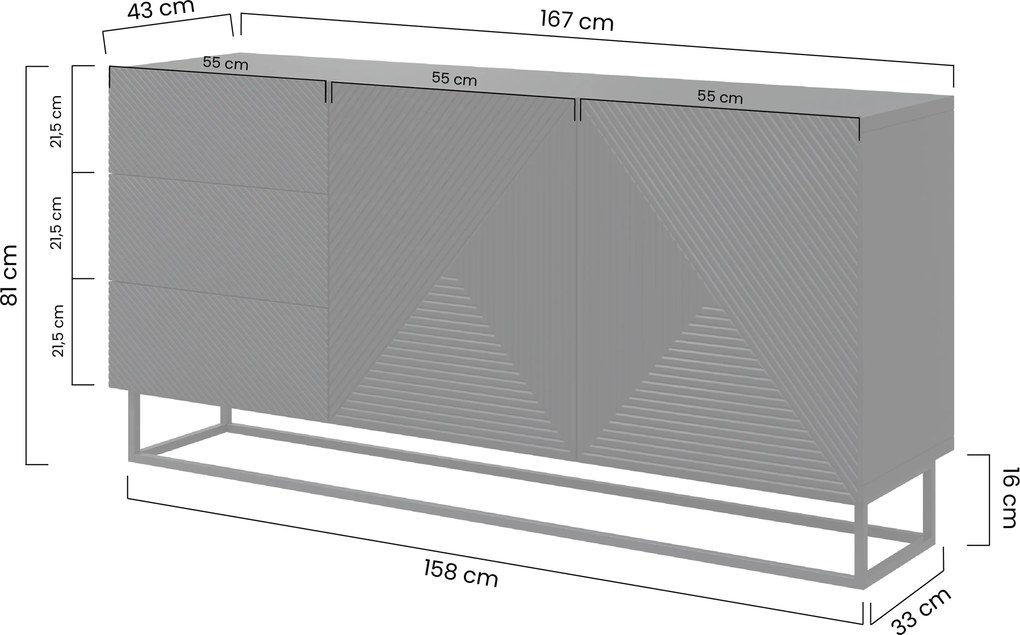 Asha fiókos komód, 167 cm, fém talapzattal - Artisan / matt fekete