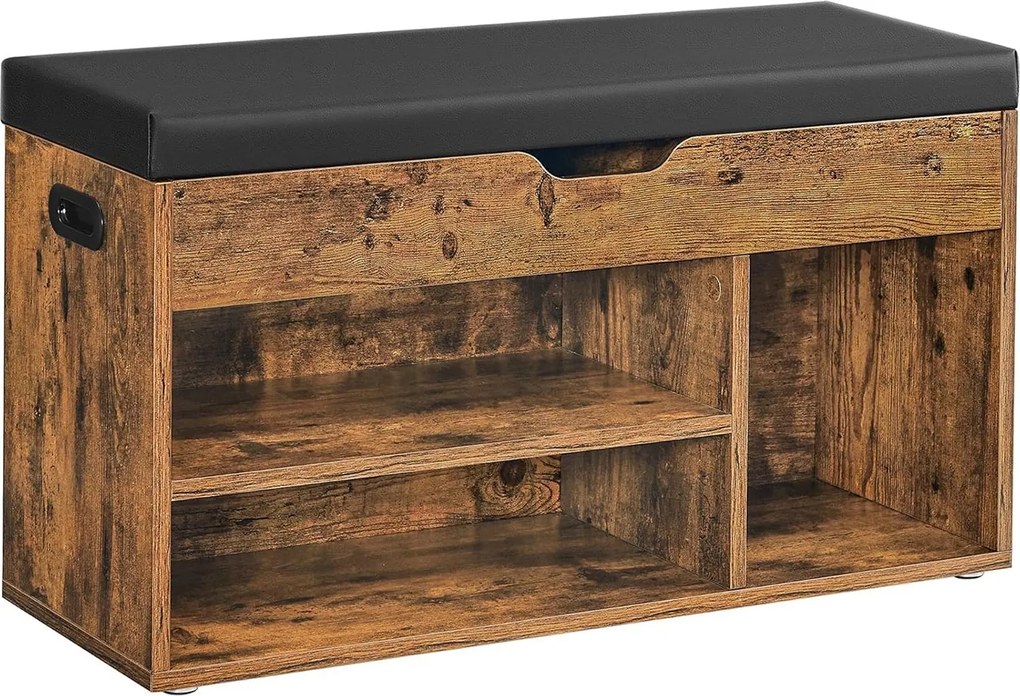 Tárolópad párnázott üléssel, 3 rekeszes cipőpad 80 x 30 x 44 cm, rusztikus barna