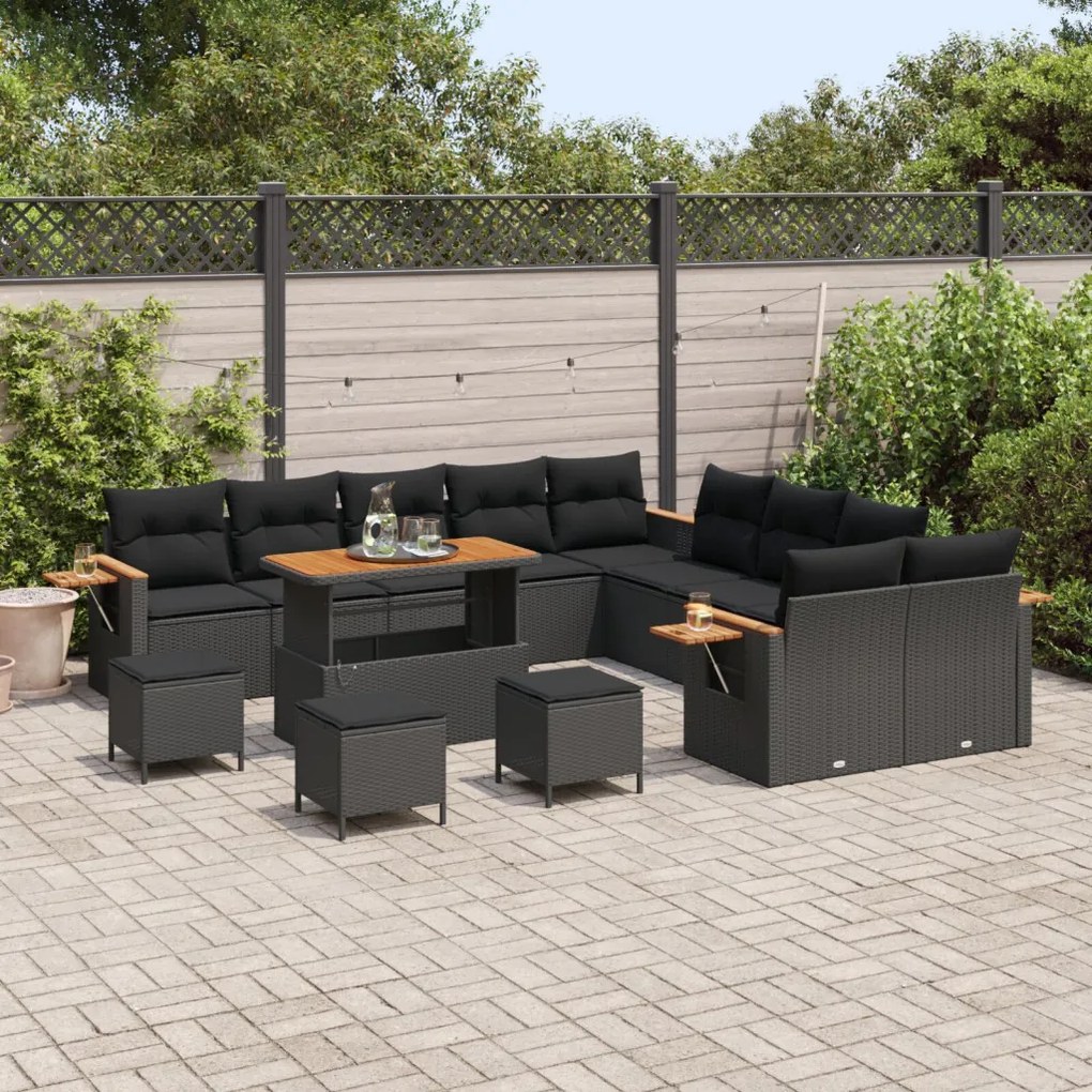 13 Részes Kerti Kanapészett Párnákkal Fekete Poly Rattan Akác, 3 Részes Kerti Étkezőszett Párnákkal Fekete Poly Rattan Akác