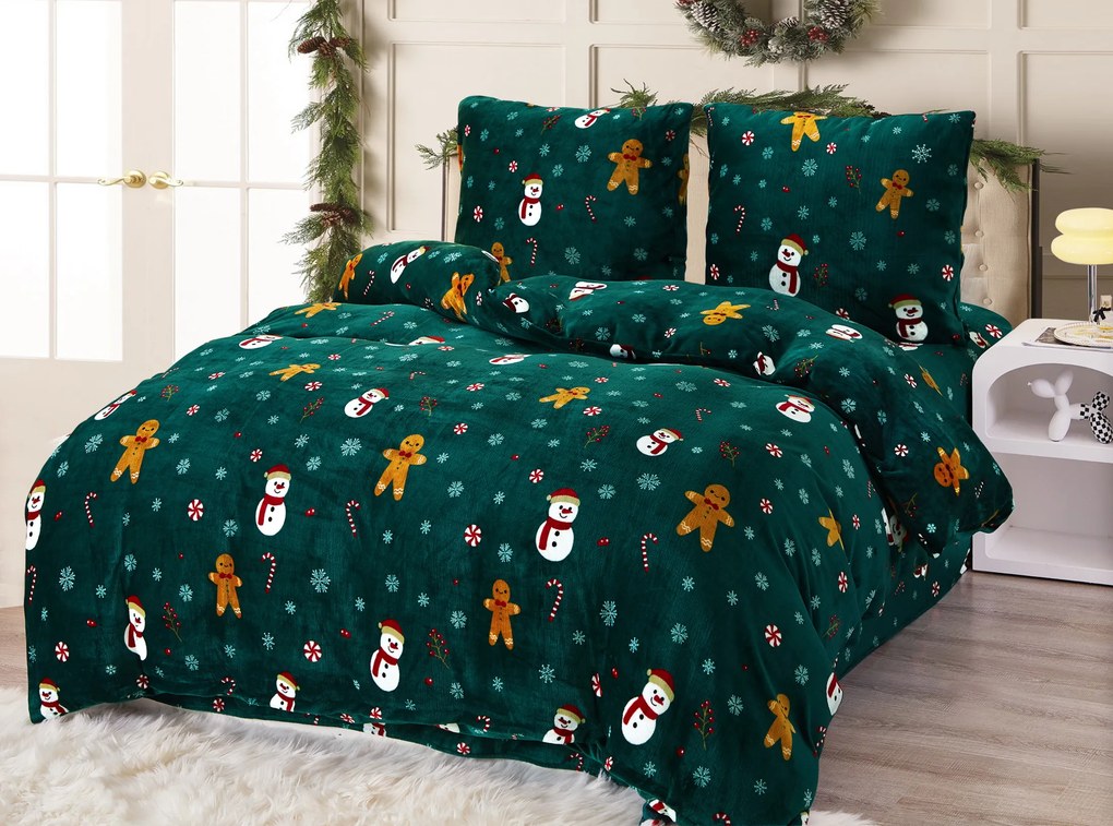 2 db-os Mikroplüss Ágyneműhuzat Szett SNOWMAN AND GINGERBREAD zöld + mikroplüss lepedő SOFT 180x200 cm fehér, franciaágy