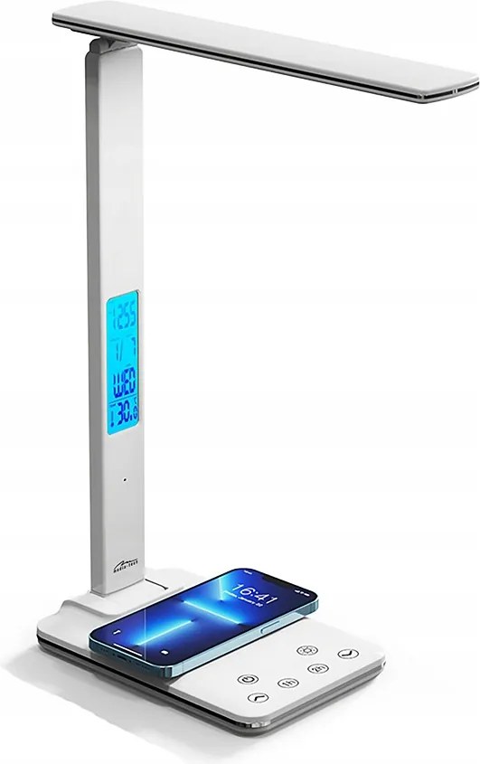 Fehér Led Asztali Lámpa Indukciós Töltővel Óra Ébresztőóra Hőmérő