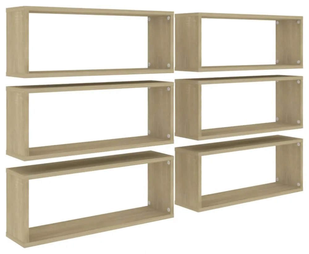 6 db sonoma tölgy szerelt fa négyszögű fali polc 60x15x23cm