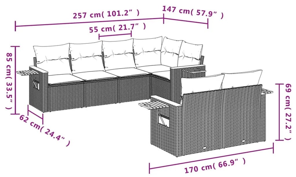 7 részes bézs polyrattan kerti ülőgarnitúra párnákkal