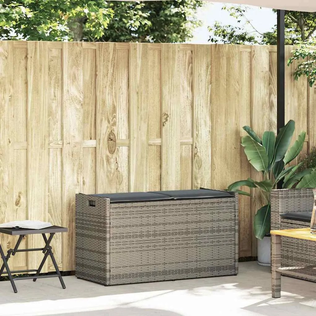 Szürke polyrattan kültéri tárolópad párnával 100 cm