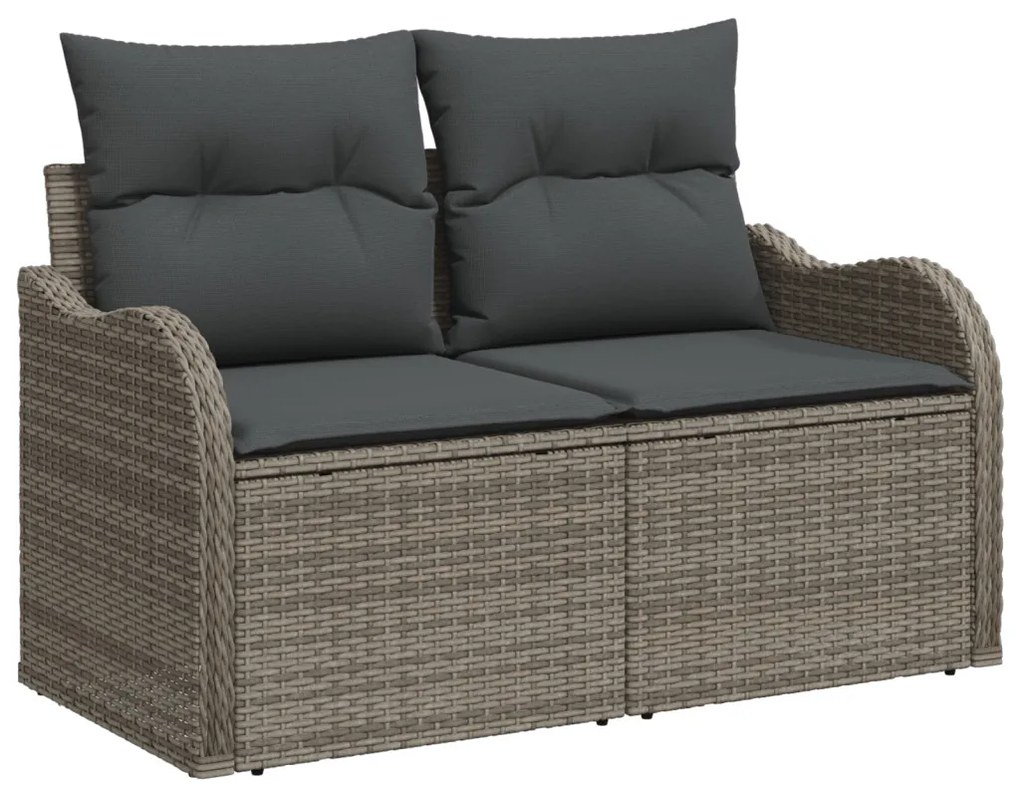 9 darabos kerti kanapé szett párnákkal, szürke poli rattan, 2-fős kerti kanapé párnákkal, szürke poli rattan