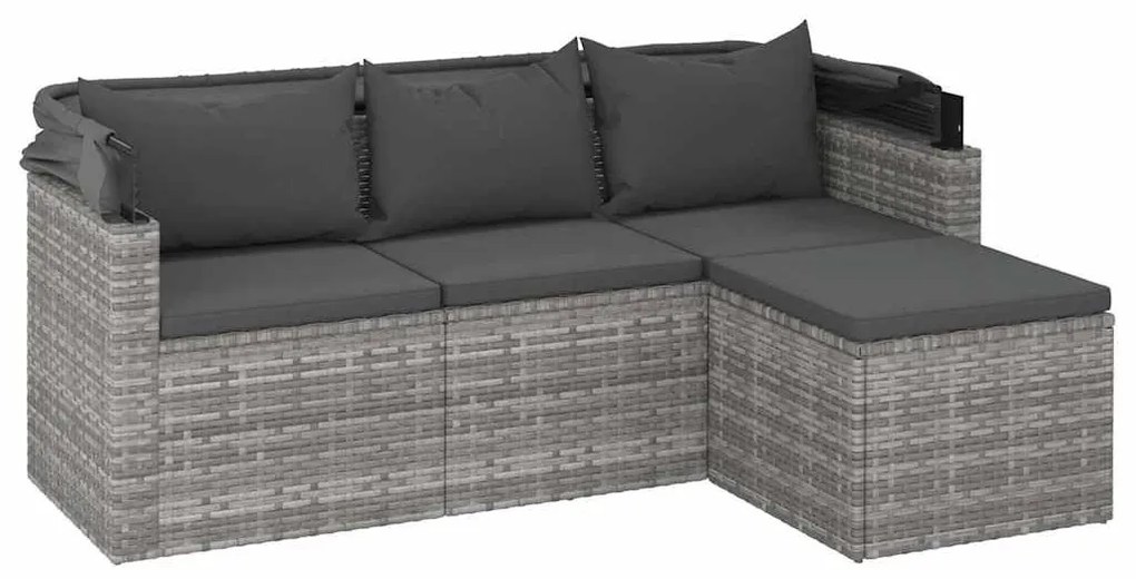 3-személyes szürke polyrattan kanapé tetővel és lábtartóval