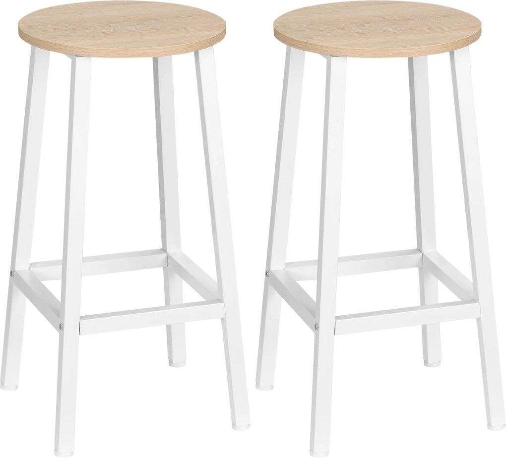HOMCOM 2 db 65 cm Magas Konyhai Bárszék Acél Lábakkal és Lábpihenővel Nappali Étkezőbe Terhelhetőség 75 kg Természetes Fa és Fehér | Aosom