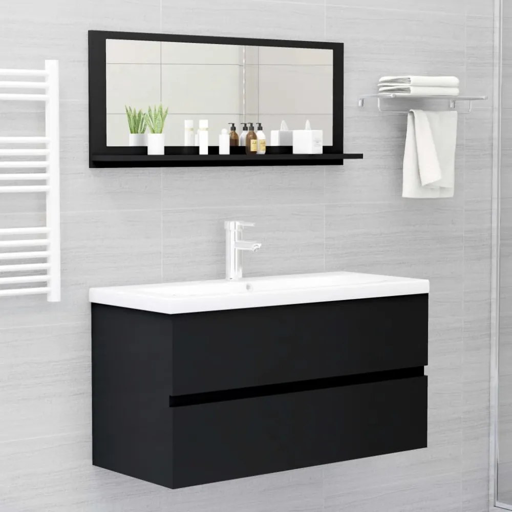fekete forgácslap fürdőszobai tükör 90 x 10,5 x 37 cm