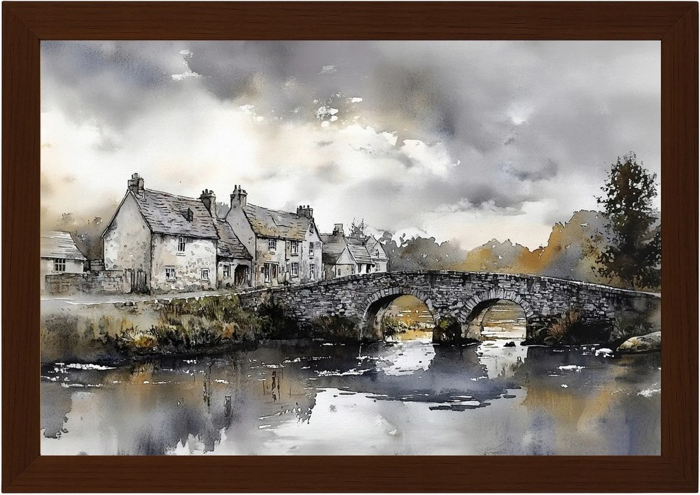 Poszter Keret Fa Tájkép Anglia Város Házak Folyó Híd 60x40