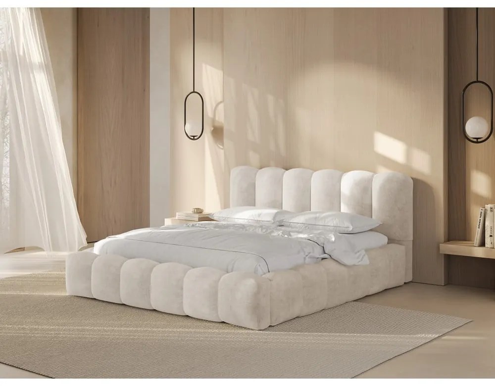 Krémszínű kárpitozott ágyneműtartós franciaágy ágyráccsal 180x200 cm Lupine – Micadoni Home