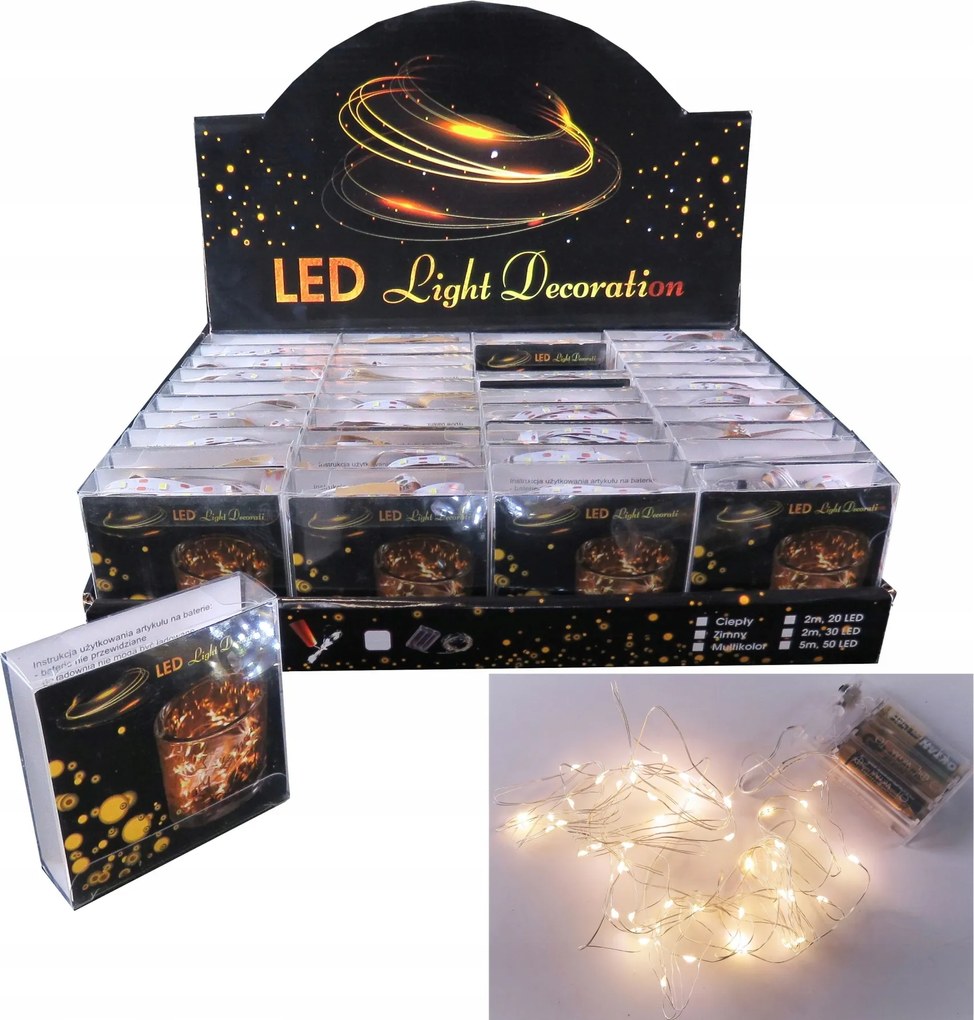 50 Led-es Fényfüzér, 5 m, Meleg Fehér