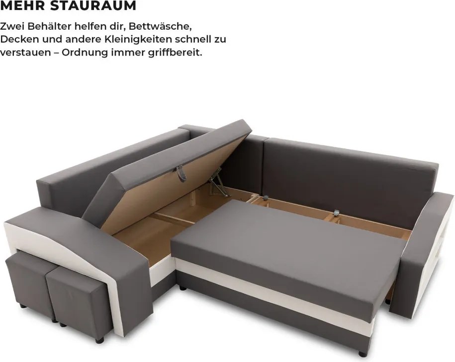 Grande sarokkanapé polcokkal és puffokkal , polc a jobb karfaban puffok a bal karfaban, baloldali, szövet anyag, bonell töltet, szürke - fehér