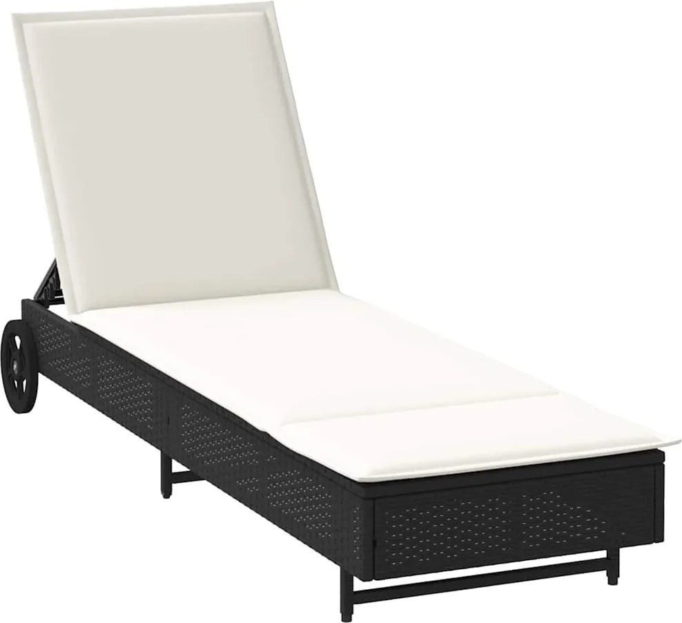 vidaXL fekete polyrattan napozóágy kerekekkel és párnával