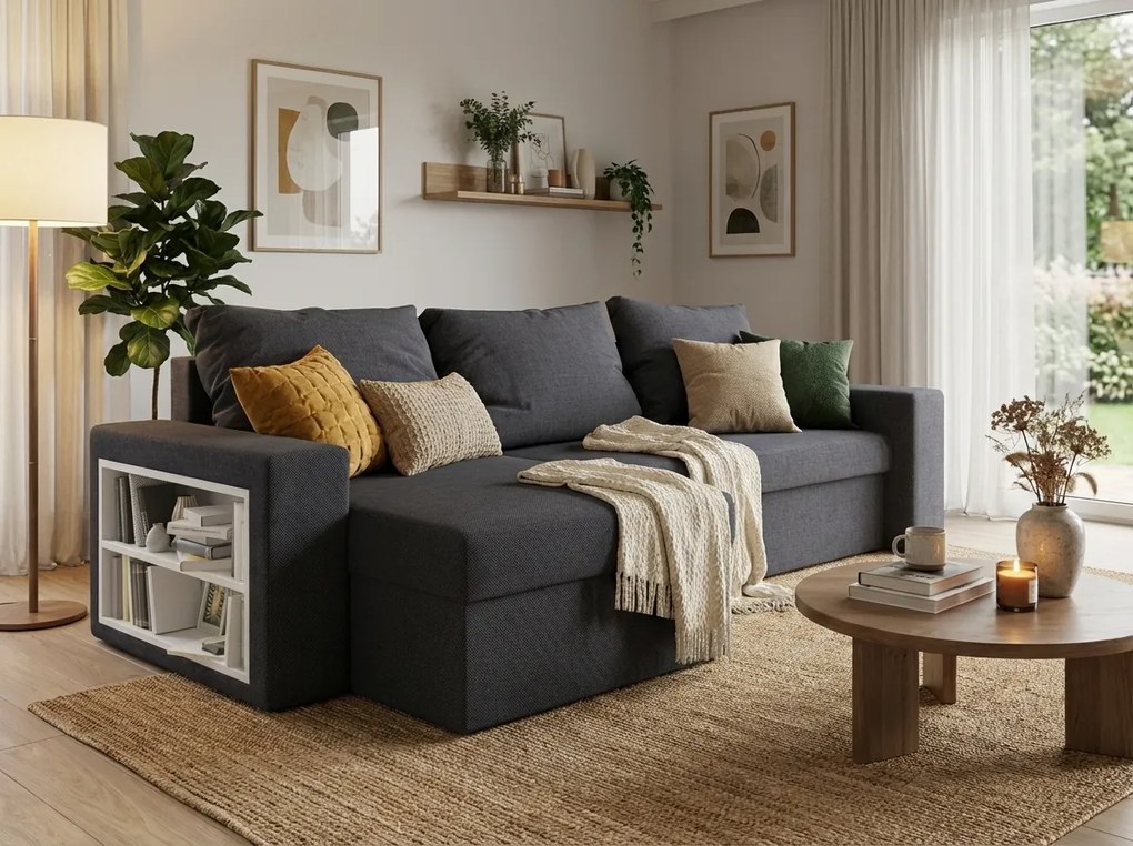 Kinyitható kétoldalas L alakú ülőgarnitúra NORIX 240x140 cm, sötétszürke polccal + 2 párnát INGYEN