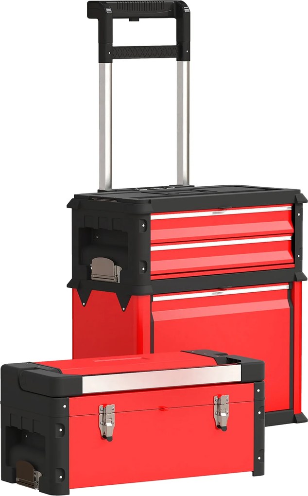 HOMCOM Szerszámtartó Kocsi Tokkal, Üres Szerszámos Trolley 3 Modularis Egységgel, Görgős Kocsi Szerszámok Tárolására, Szerszámdo BOx Fogantyúval, Acél