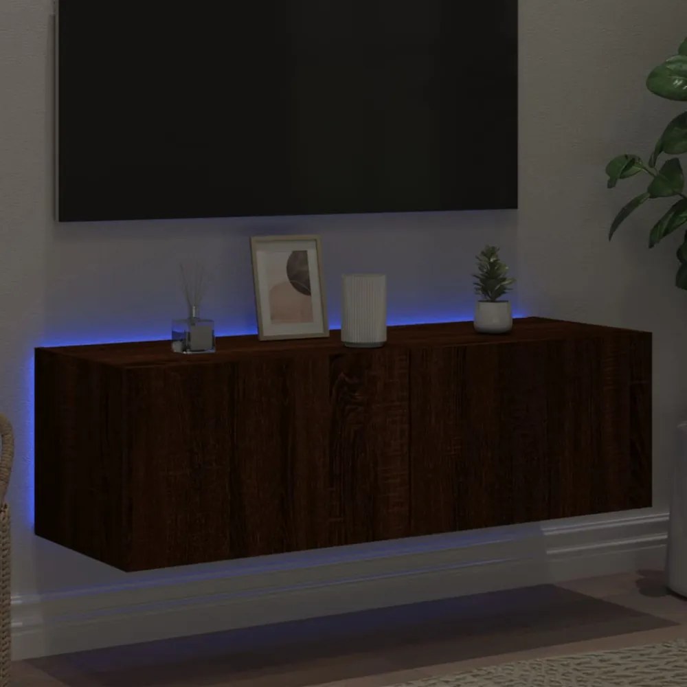 barna tölgy színű fali TV-szekrény LED-ekkel 100 x 35 x 31 cm