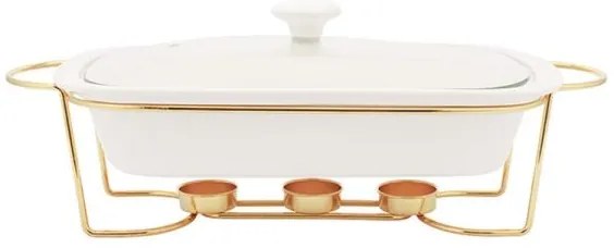 Hőálló porcelán sütőtál üveg fedővel arany színű asztali melegentartó állvánnyal - 1,8 literes
