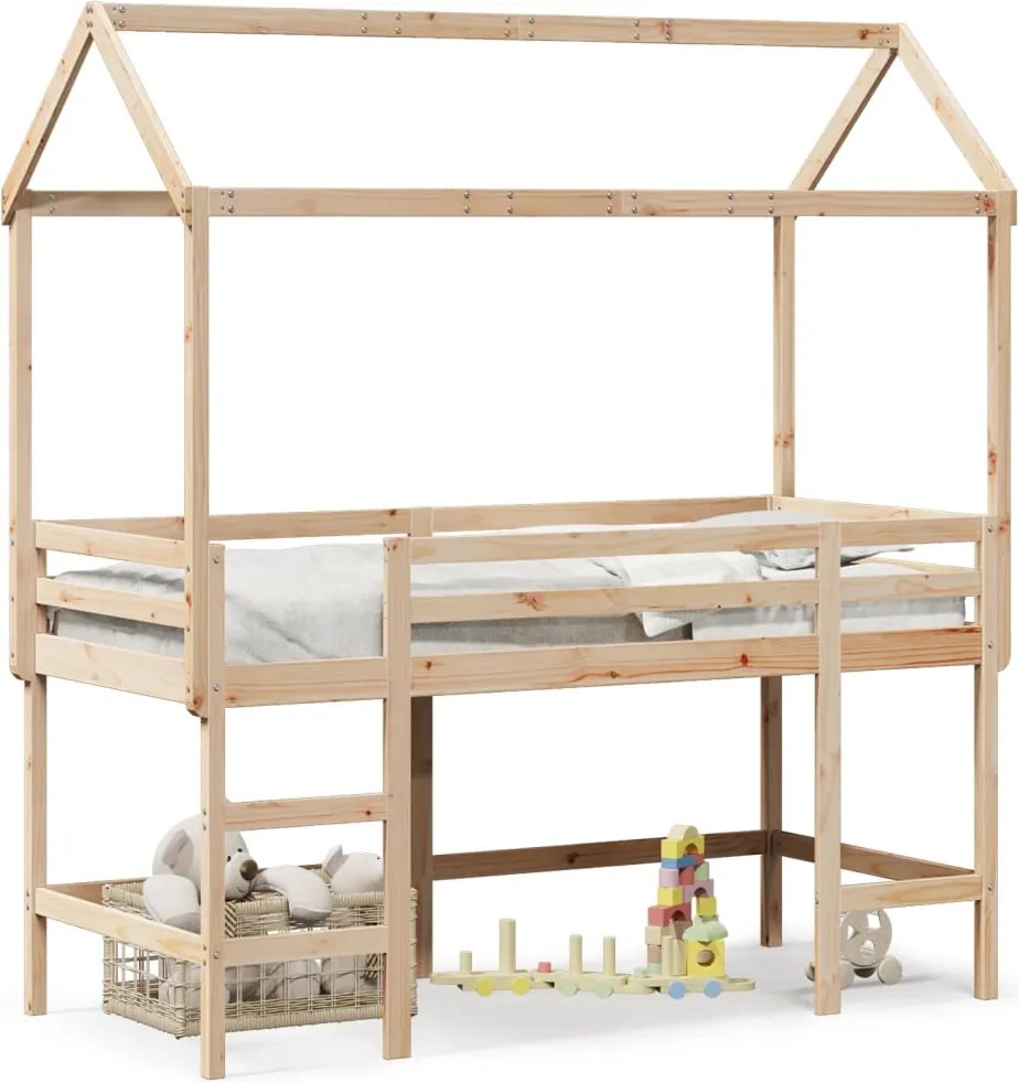 vidaXL tömör fenyőfa galériaágy létrával és tetővel 90 x 190 cm