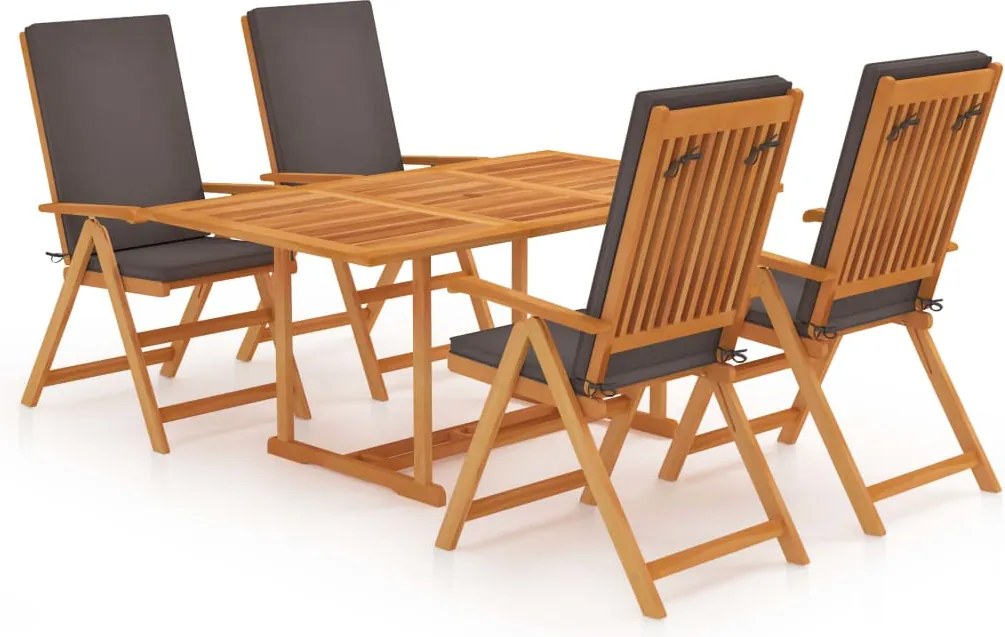 vidaXL 5 részes tömör tíkfa kerti étkezőgarnitúra szürke párnákkal