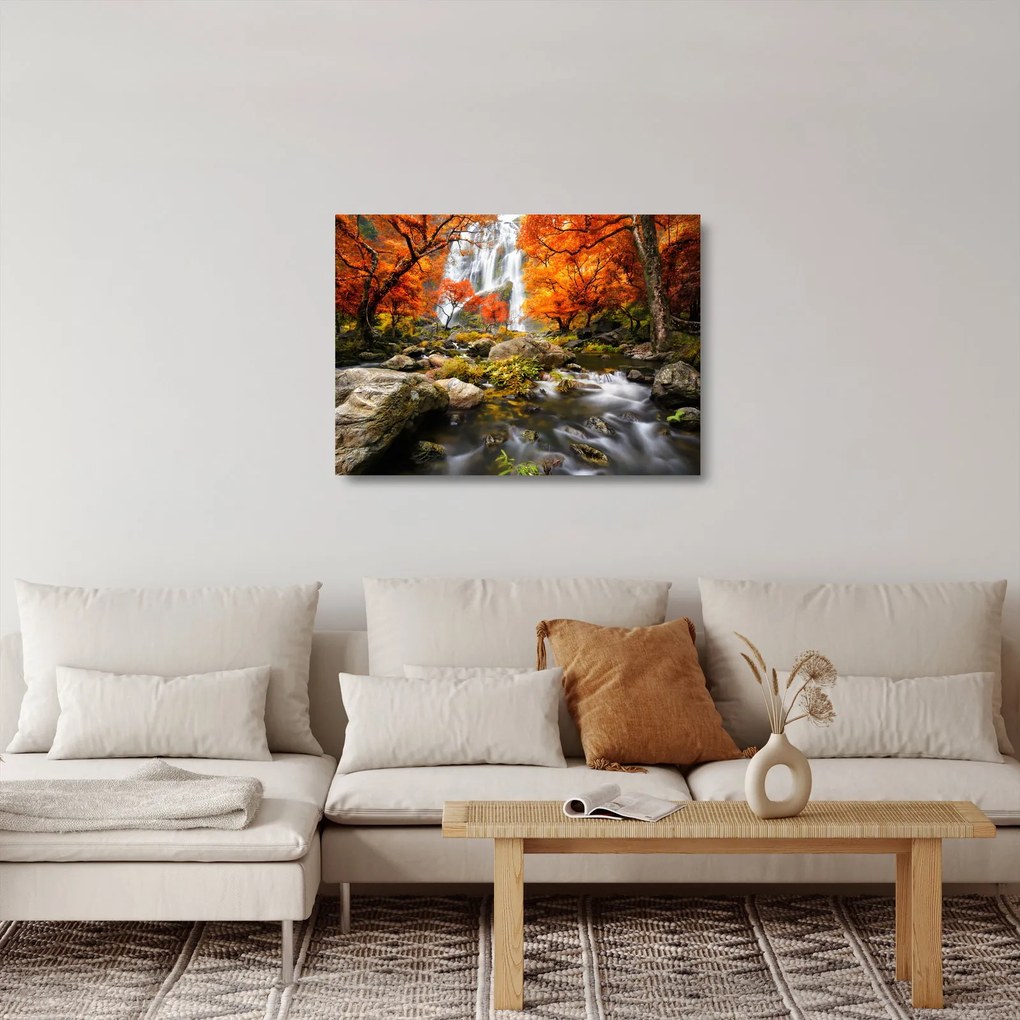 Kép - vízesések a narancssárga erdőben (üvegen) (70x50 cm)