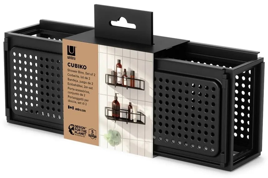 Fekete öntapadós acél fürdőszobai polc szett 2 db-os Cubiko – Umbra