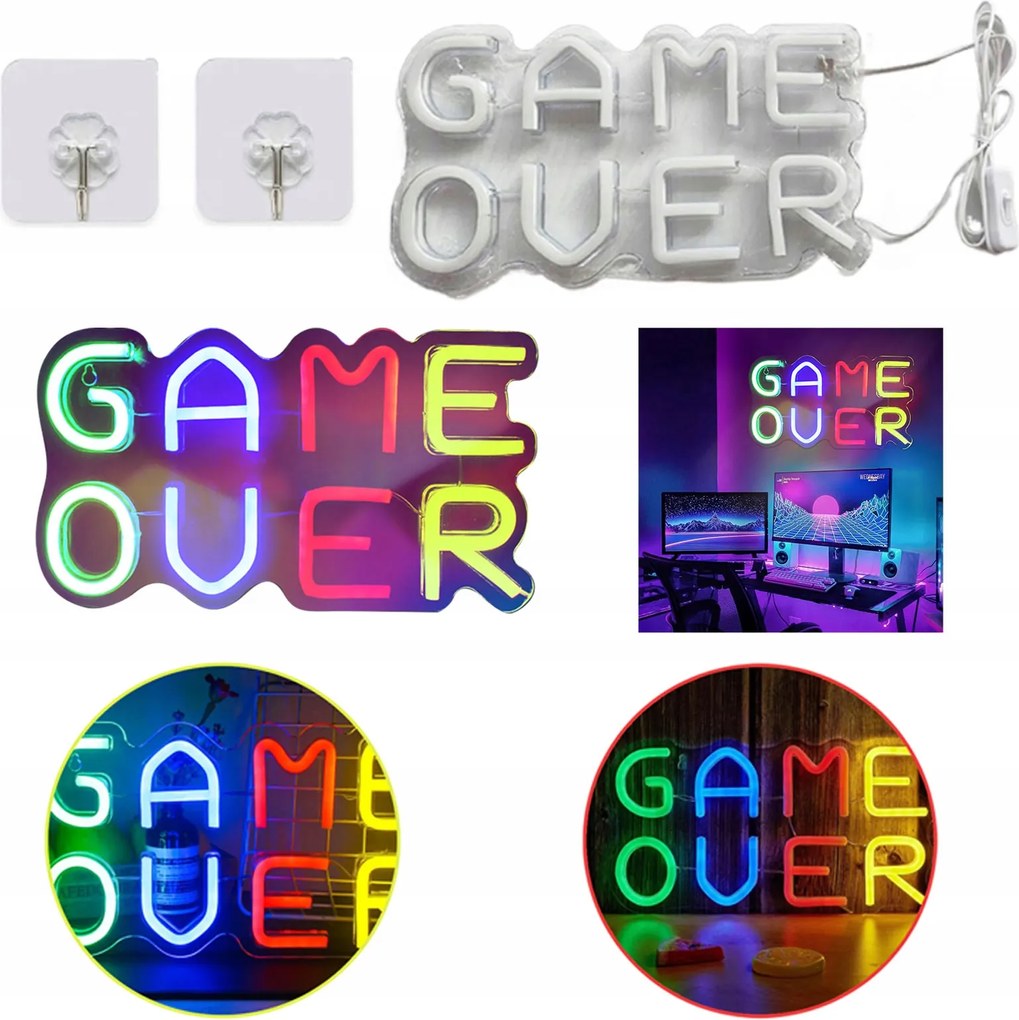 Neon Led Game Over Nagy Fali Usb Játékos Szoba Dekoráció Ajándék