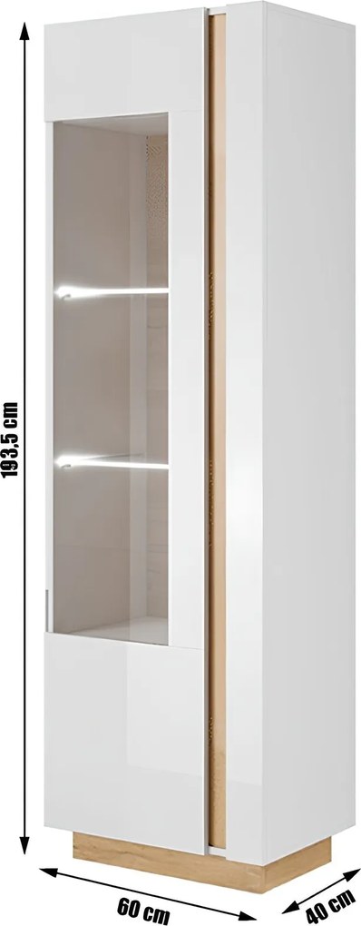 Magas vitrines szekrény 60, fehér/tölgy grandson/magasfényű fehér, CITY