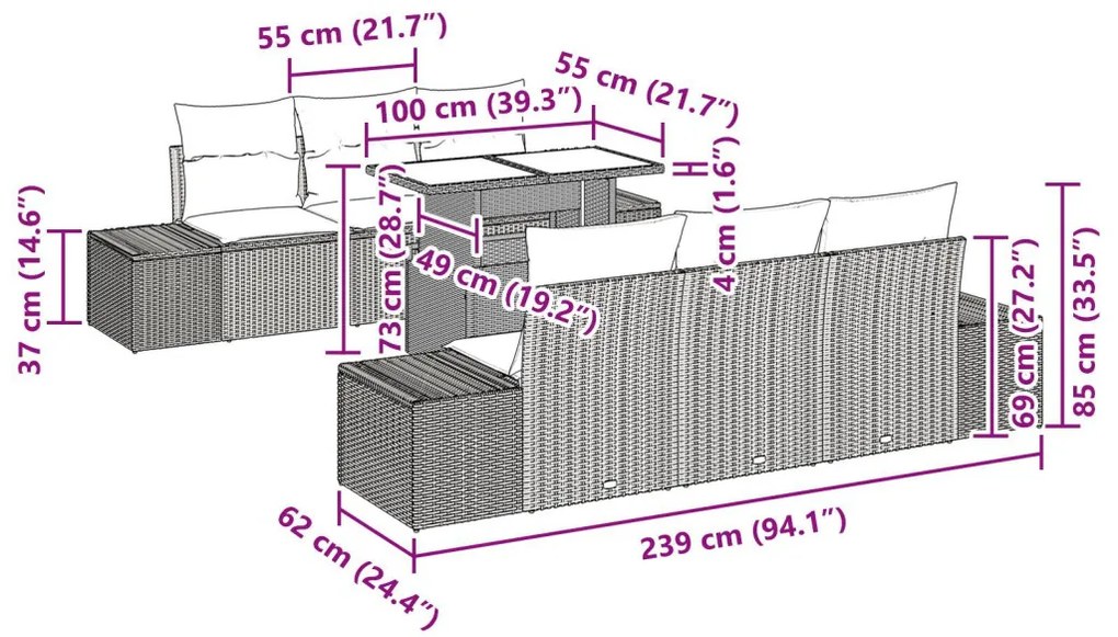7 darabos Kertibútor Szett párnákkal Barna Polyrattan