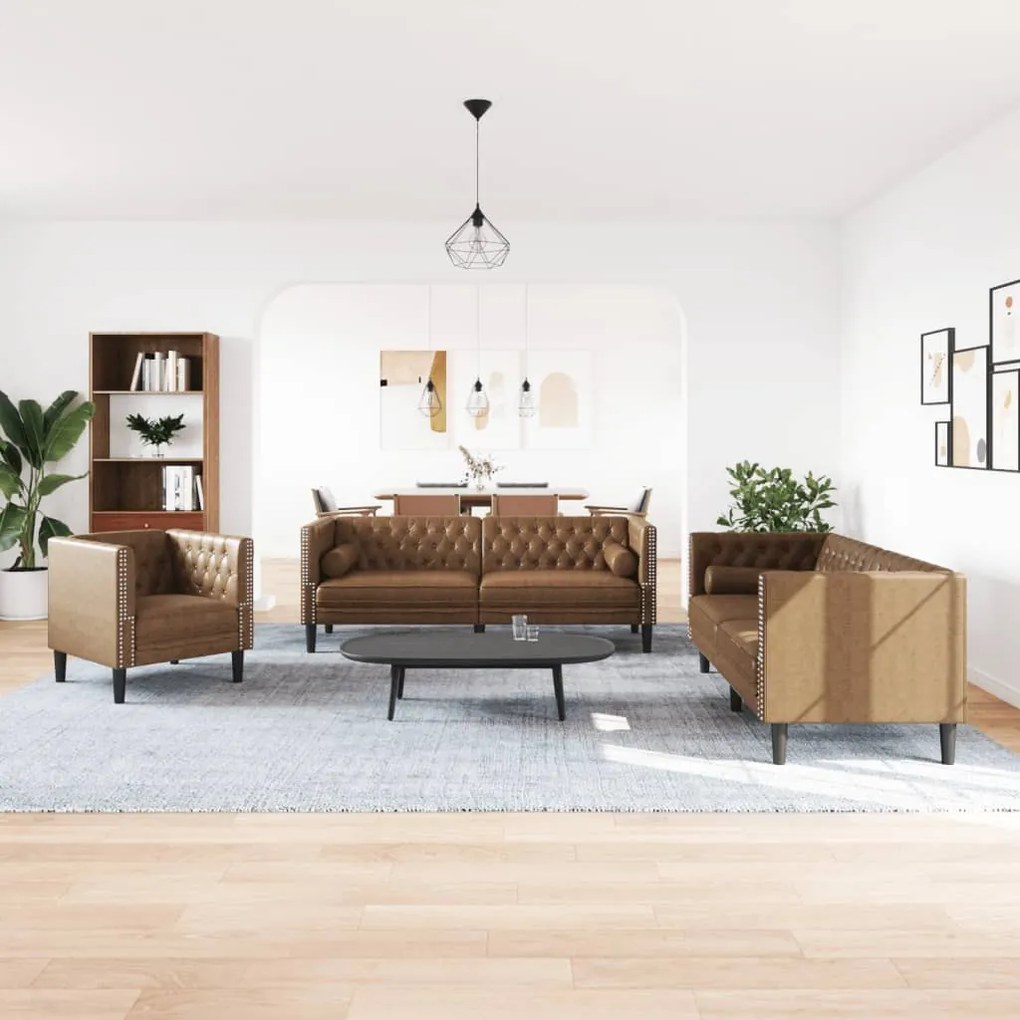 vidaXL 3 részes barna művelúr Chesterfield kanapészett hengerpárnákkal